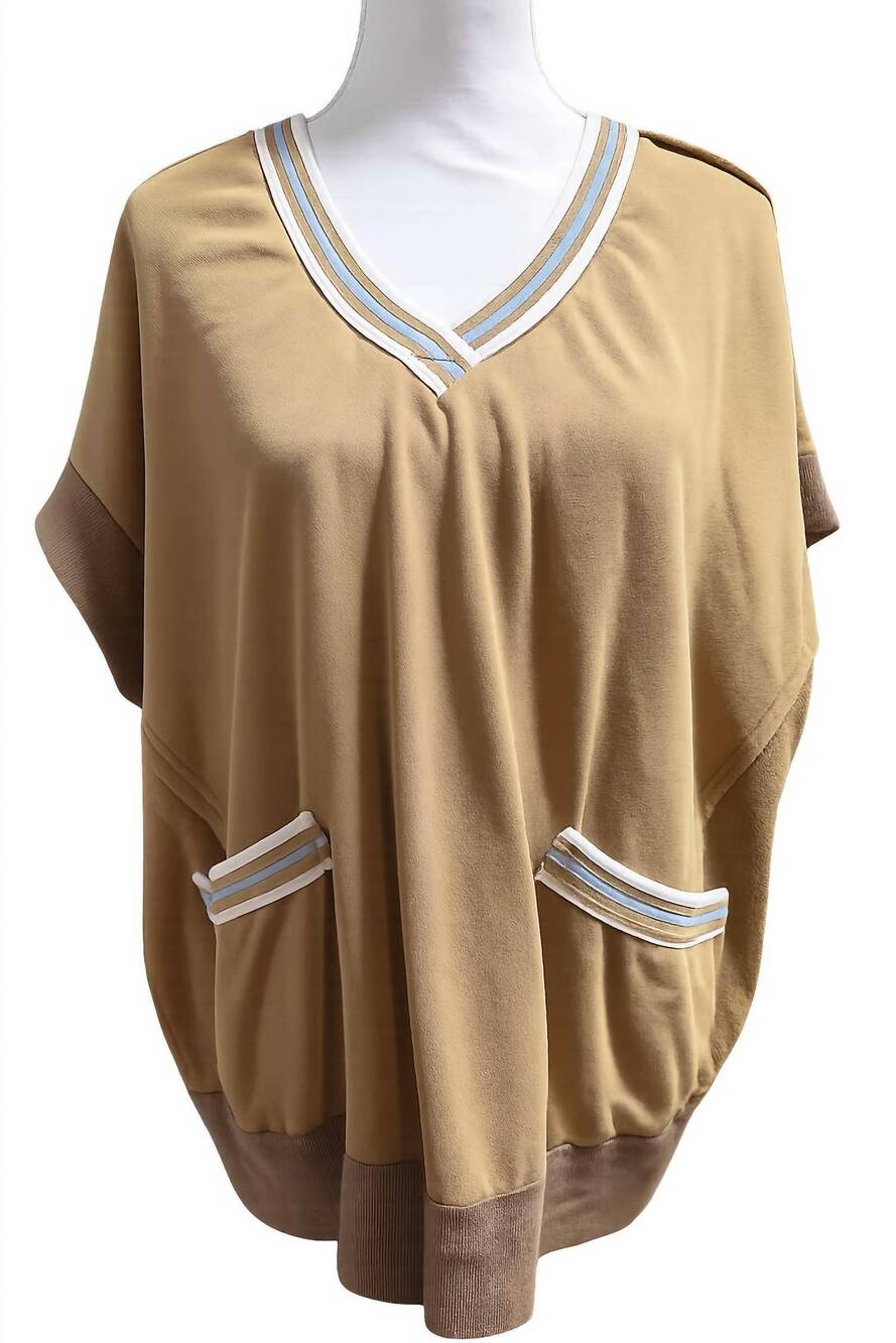 NEW EASEL women's terry v-neck contrast trim oversized top in mocha